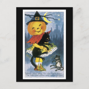 Halloween Black Cat and Pumpkin Girl Postcard
