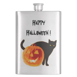 HALLOWEEN BLACK CAT AND PUMPKIN HIP FLASK