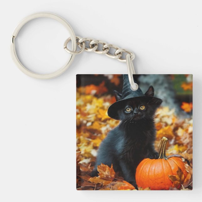 Halloween Black Cat and Pumpkin Key Ring (Front)