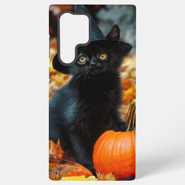 Halloween Black Cat and Pumpkin Samsung Galaxy S22 Ultra Case (Back)