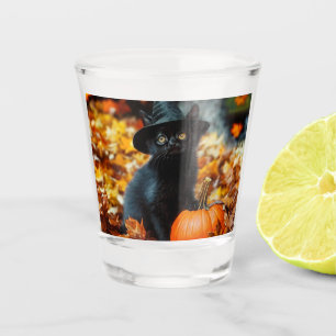 Halloween Black Cat and Pumpkin Shot Glass