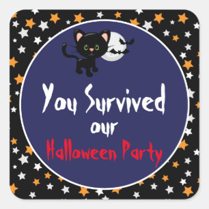 Halloween Black Cat and Pumpkin with Stars Square Sticker