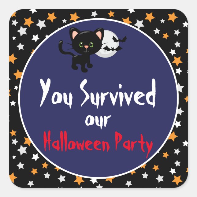 Halloween Black Cat and Pumpkin with Stars Square Sticker (Front)