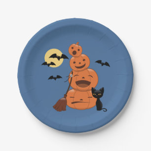 Halloween Black Cat and Pumpkins Blue Paper Plate