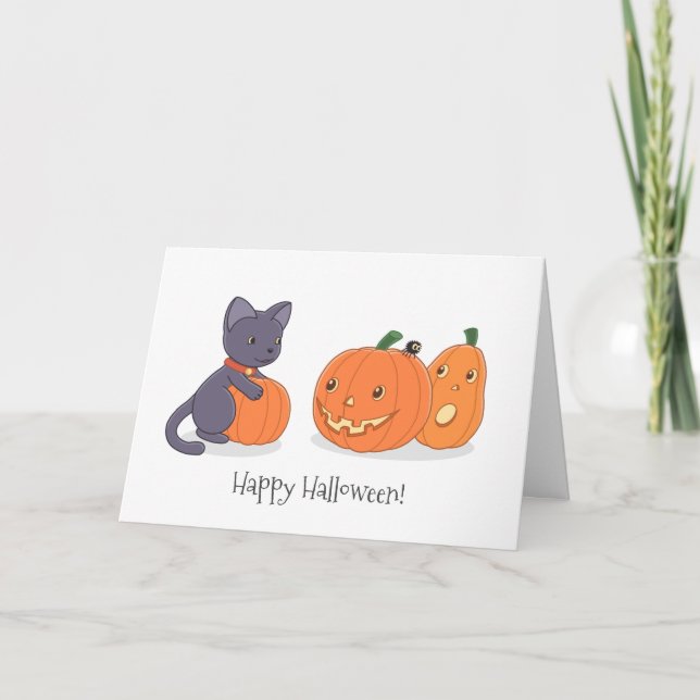 Halloween Black Cat and Pumpkins Card (Front)
