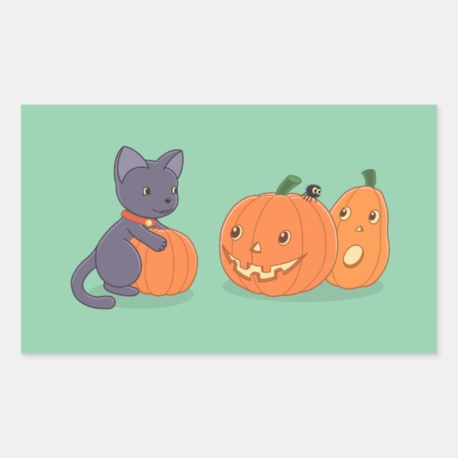 Halloween Black Cat and Pumpkins on Green Rectangular Sticker (Front)