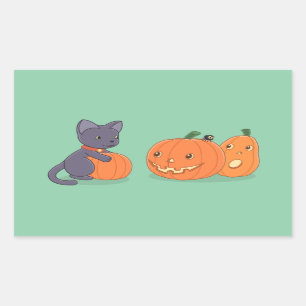 Halloween Black Cat and Pumpkins on Green Rectangular Sticker
