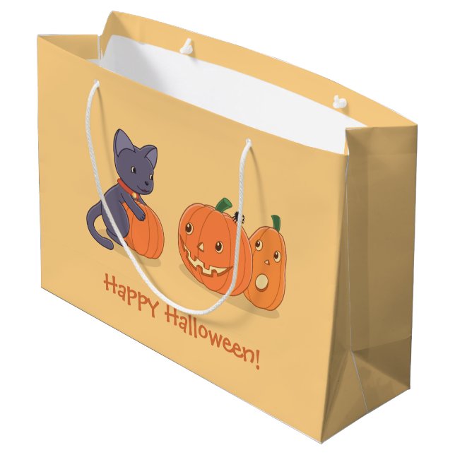 Halloween Black Cat and Pumpkins on Orange Large Gift Bag (Back Angled)
