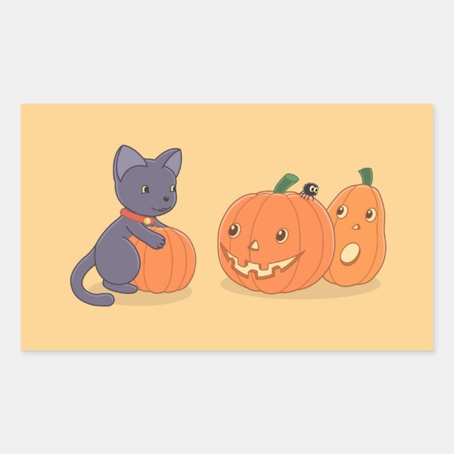 Halloween Black Cat and Pumpkins on Yellow Rectangular Sticker (Front)