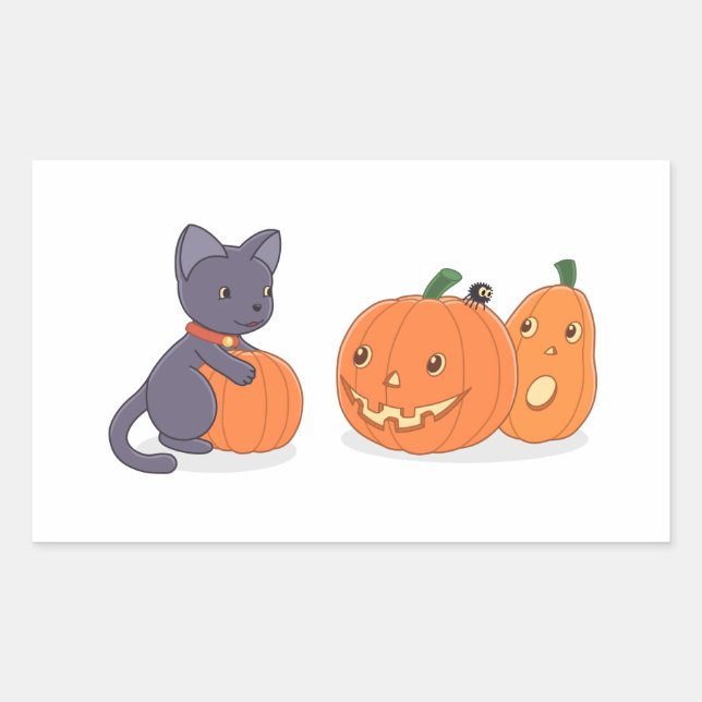 Halloween Black Cat and Pumpkins Rectangular Sticker (Front)