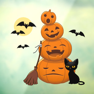 Halloween Black Cat and Pumpkins Stack Window Cling