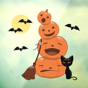 Halloween Black Cat and Pumpkins Stack Window Cling