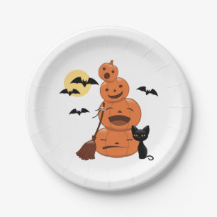 Halloween Black Cat and Pumpkins White Paper Plate
