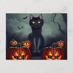 Halloween Black Cat and Scary Pumpkins Holiday Postcard