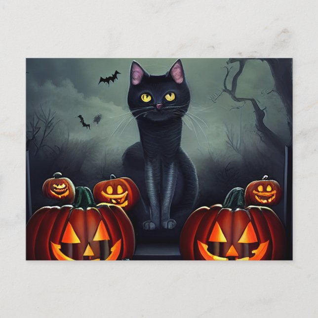 Halloween Black Cat and Scary Pumpkins Holiday Postcard (Front)