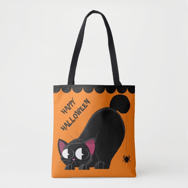 Halloween Black Cat and Spider Tote Bag (Front)