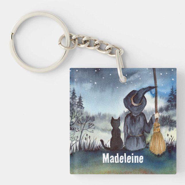 Halloween Black Cat and The Witch Starry Night Key Ring (Front)