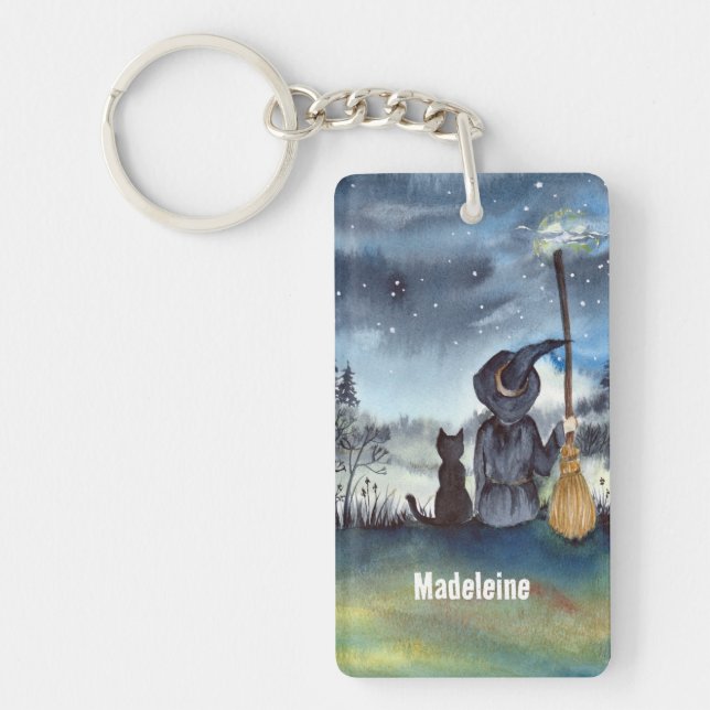 Halloween Black Cat and The Witch Starry Night Key Ring (Front)