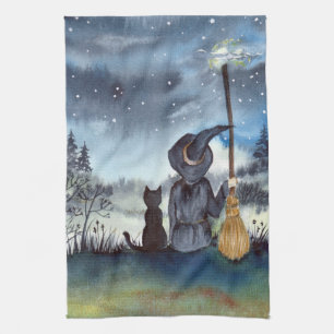 Halloween Black Cat and The Witch Starry Night Tea Towel