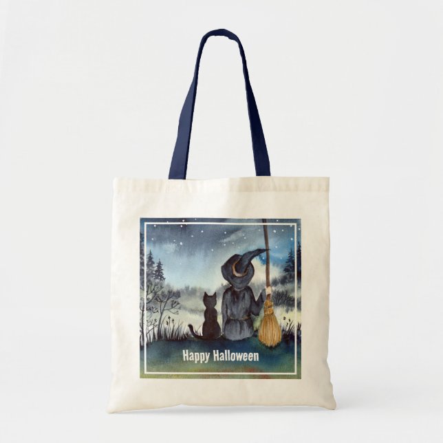 Halloween Black Cat and The Witch Starry Night Tote Bag (Front)