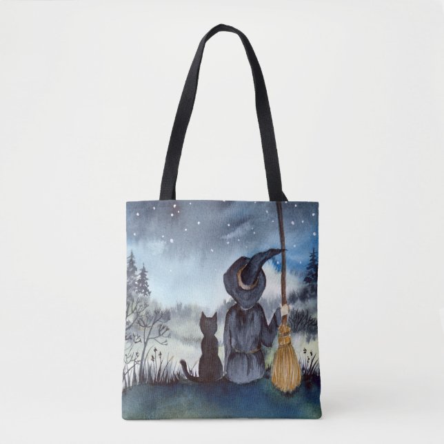 Halloween Black Cat and The Witch Starry Night Tote Bag (Front)