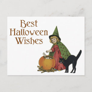 Halloween Black Cat and Witch Girl Postcard
