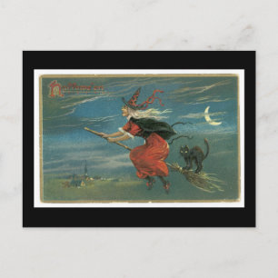 Halloween Black Cat and Witch Postcard