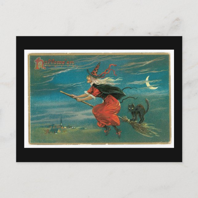 Halloween Black Cat and Witch Postcard (Front)