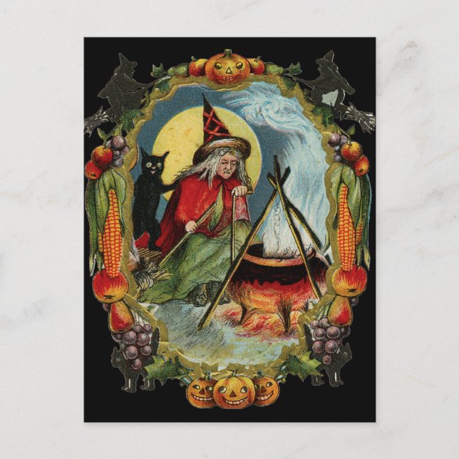 Halloween Black Cat and Witch Postcard (Front)