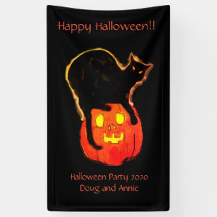 Halloween Black Cat Atop Glowing Pumpkin Banner