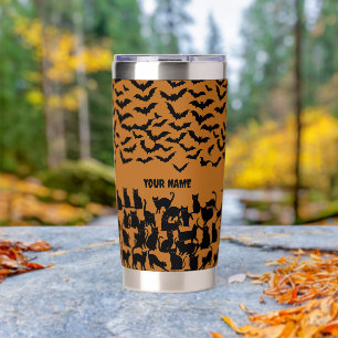 Halloween Black Cat Bat Orange Spooky Pattern Insulated Tumbler