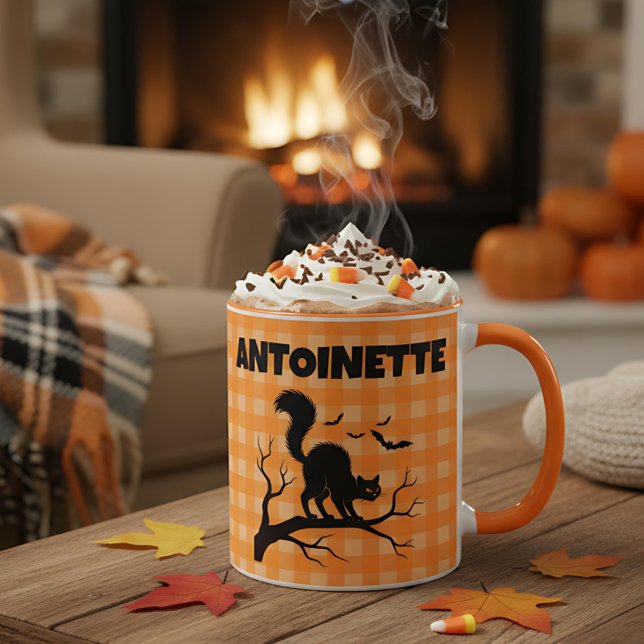 Halloween Black Cat & Bats Orange Plaid Name Mug (Creator Uploaded)