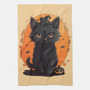 Halloween Black Cat, Black Jack O' Lantern  Tea Towel