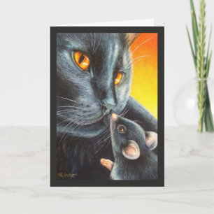 Halloween Black Cat & Black Mouse Watercolor Art  Card