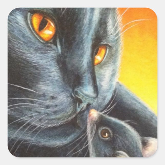 Halloween Black Cat & Black Mouse Watercolor Art  Square Sticker (Front)