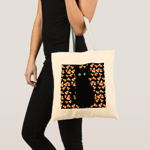 Halloween black cat candy corn tote bag