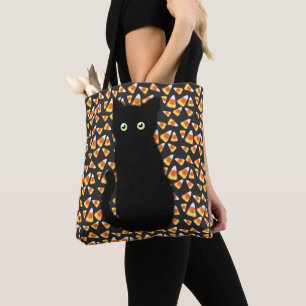 Halloween black cat candy corn tote bag