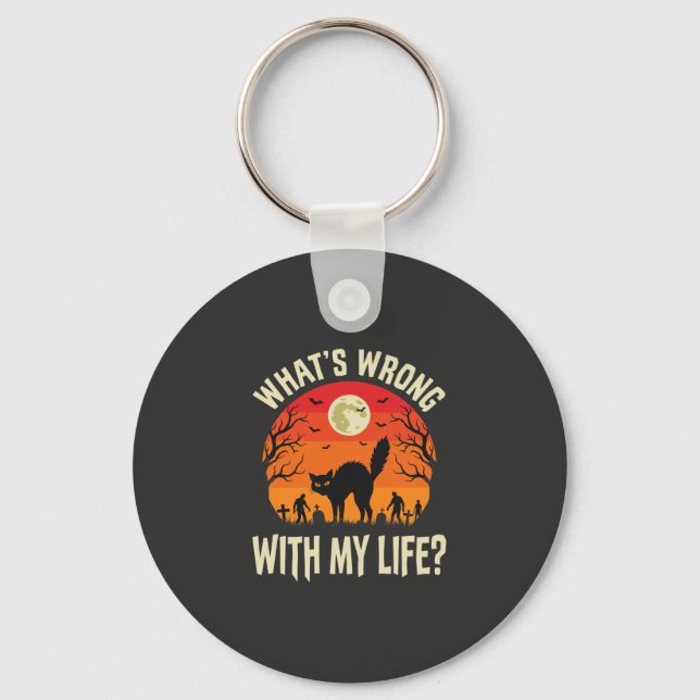 Halloween Black Cat Cemetery Horror Graphic Key Ring (Front)