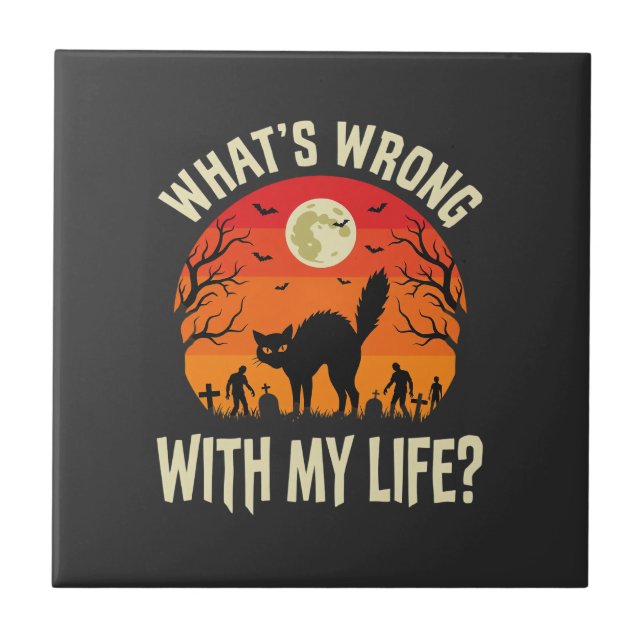 Halloween Black Cat Cemetery Horror Graphic Tile (Front)