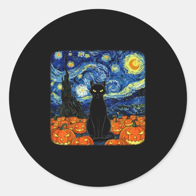 Halloween Black Cat Costume Van Gogh Starry Night  Classic Round Sticker (Front)