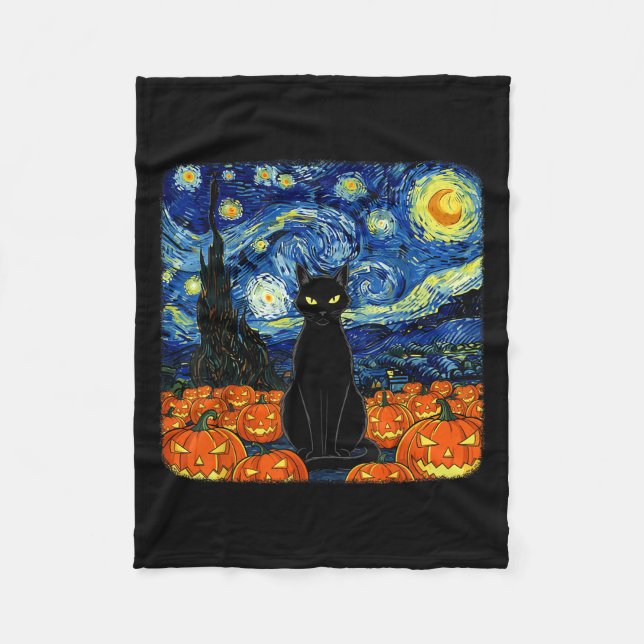 Halloween Black Cat Costume Van Gogh Starry Night  Fleece Blanket (Front)