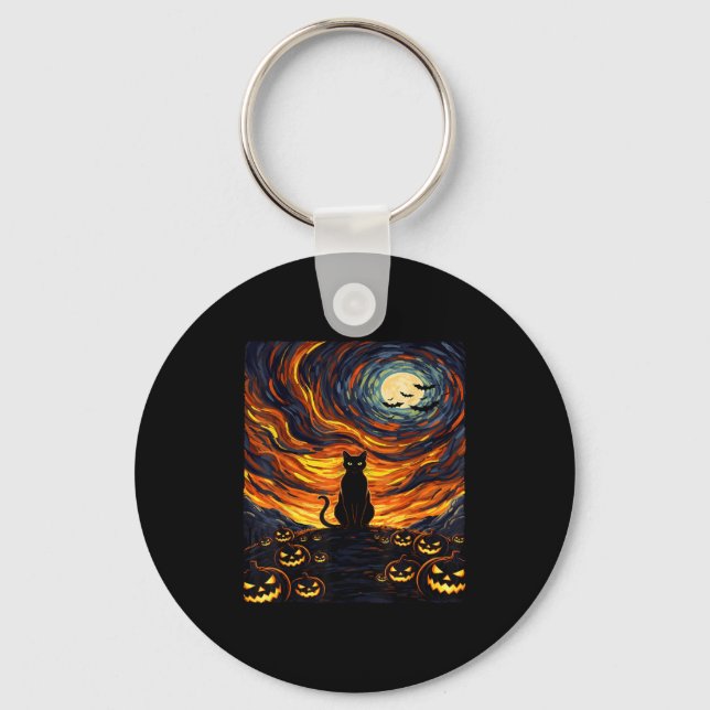 Halloween Black Cat Costume Van Gogh Starry Night  Key Ring (Front)