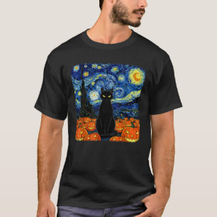 Halloween Black Cat Costume Van Gogh Starry Night  T-Shirt