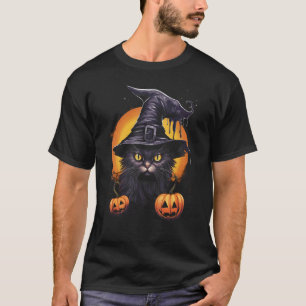 Halloween Black Cat Costume Witch Hat Pumpkin Moon T-Shirt