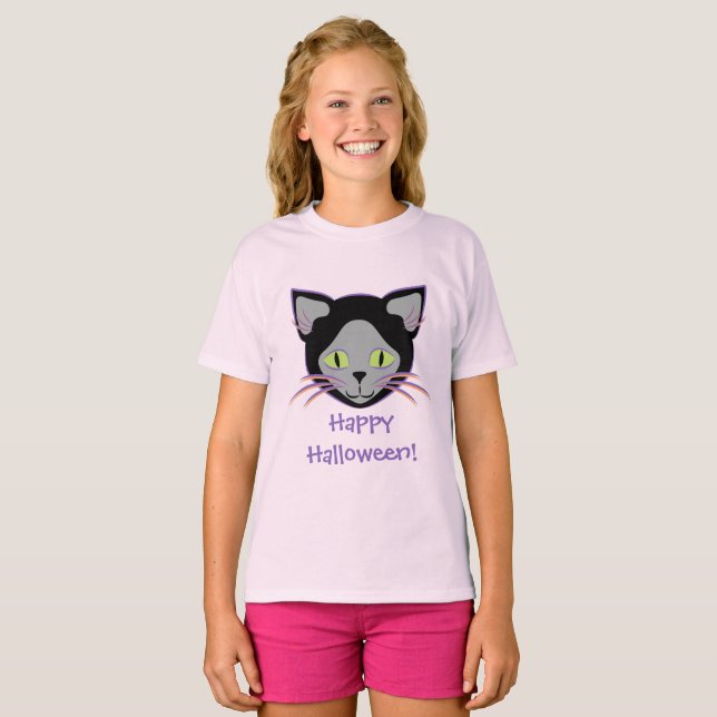 Halloween Black Cat Cute Face T-Shirt (Front Full)