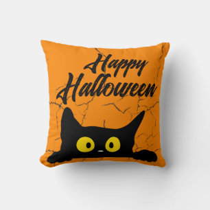 Halloween Black Cat Distressed Texture Orange Cushion