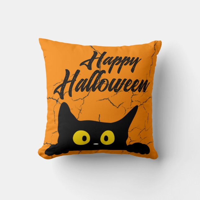 Halloween Black Cat Distressed Texture Orange Cushion (Front)