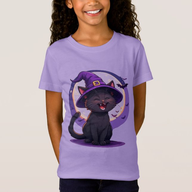 Halloween Black Cat Dressed as a Witch Hat T-Shirt (Front)