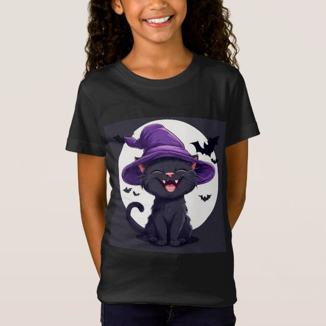 Halloween Black Cat Dressed as a Witch Hat T-Shirt (Front)