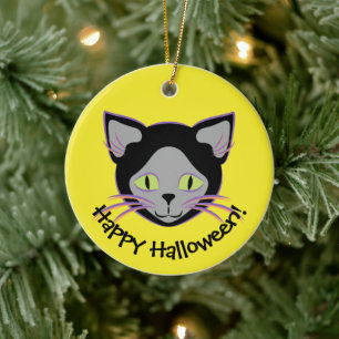 Halloween Black Cat Face Ceramic Tree Decoration